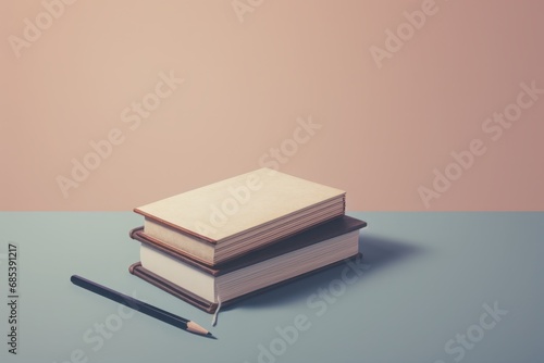 Minimalist composition of books and a pencil set against a pastel-themed background, epitomizing simplicity and a calm, studious atmosphere.