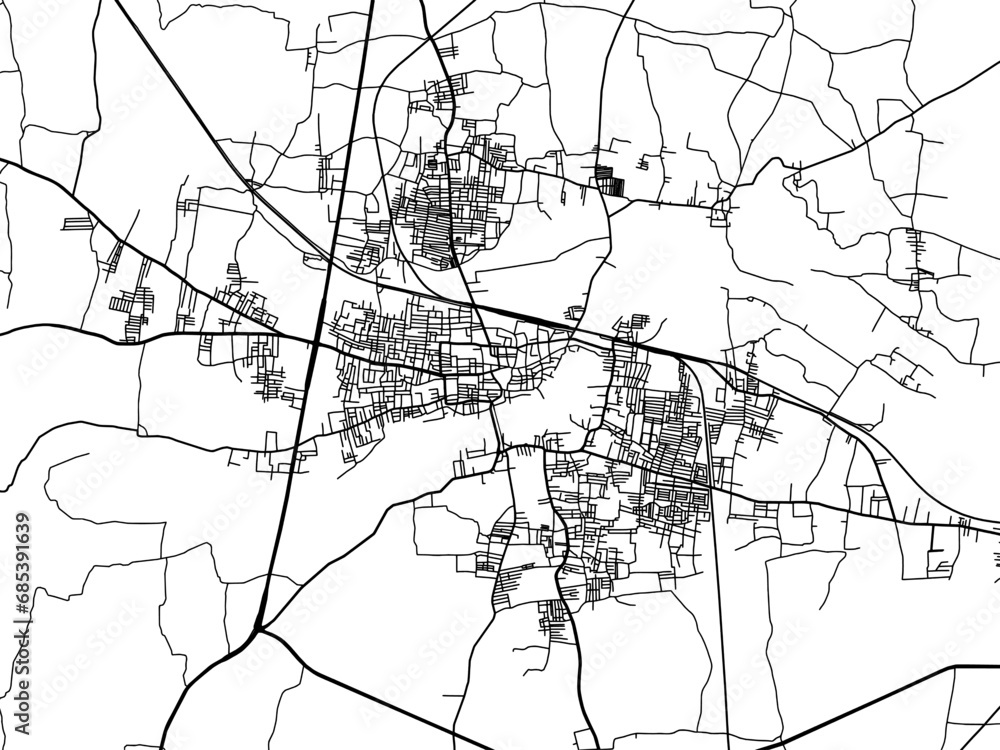 Fototapeta premium Vector road map of the city of Karur in the Republic of India with black roads on a white background.