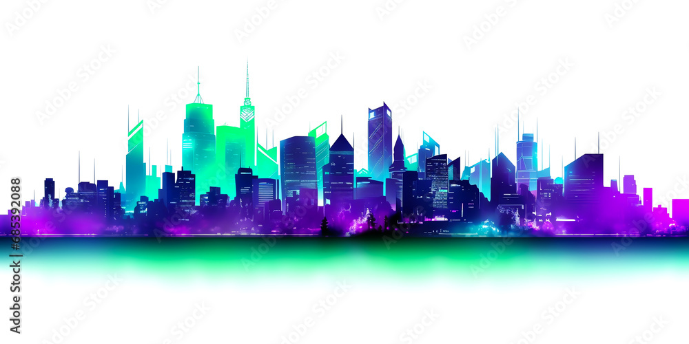Fototapeta premium abstract neon green violet and purple skyline city transparent texture