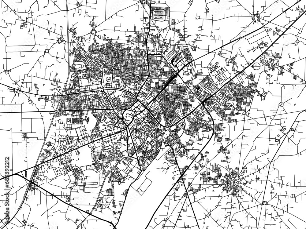 Vector road map of the city of Patiala in the Republic of India with black roads on a white background.