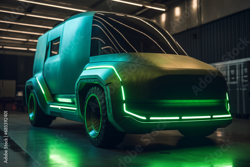 Futuristic green EV truck. Car of the future. Electric car in green neon color. The driverless truck of the future. Self driving truck. Autonomous EV truck. Future Electric car. photo