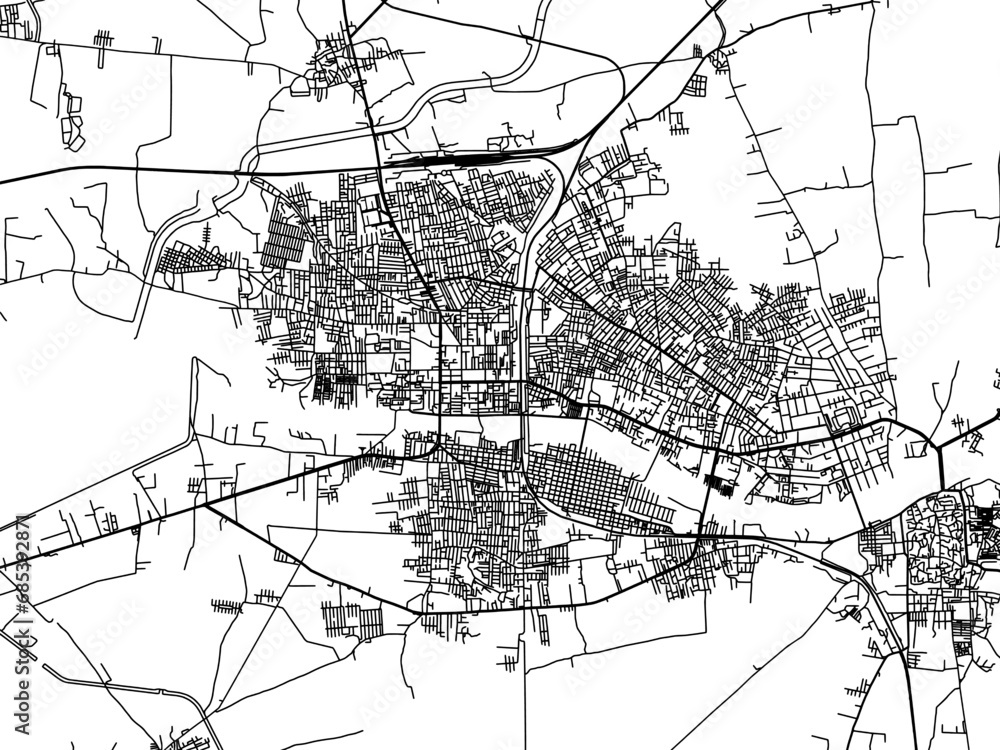 Vector road map of the city of Surendranagar in the Republic of India with black roads on a white background.