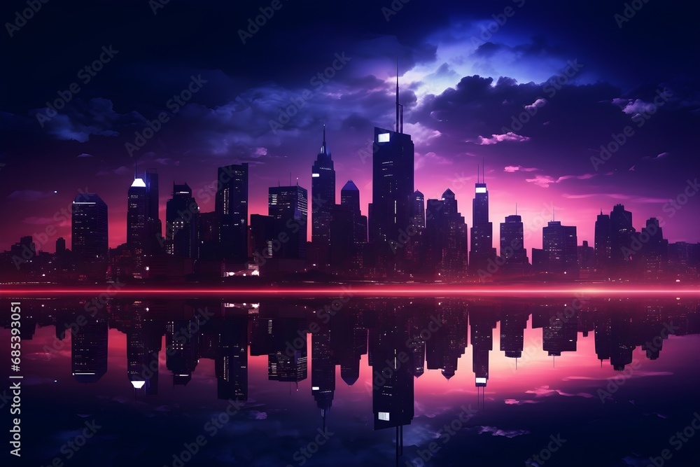 Illustration of city skyline at night with water reflection. Skyscrapers at night. Generative AI