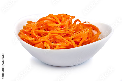 Gratted raw carrots in korean-style, korean carrot in the white bowl, isolated on white background.