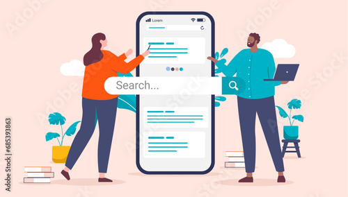 Business people online web search - Woman and man in office searching the internet and looking on search results on big mobile phone screen. Flat design vector illustration