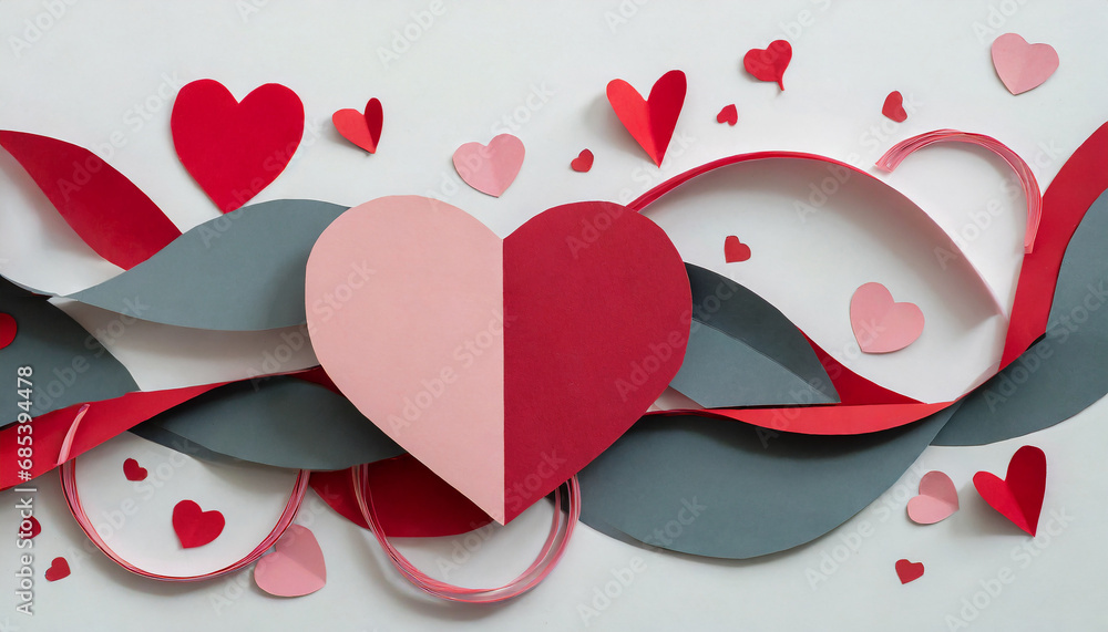 background with paper cut elements and red heart on white; love concept ...