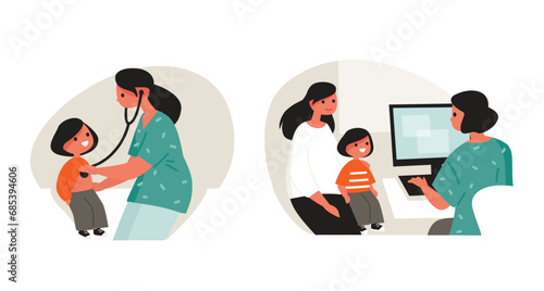 Pediatrician examining patient child. Kids visit doctor for checkup. Doctor, health professional, physician examine child with stethoscope, listen heartbeat Mother visiting doctor. Pediatric care.