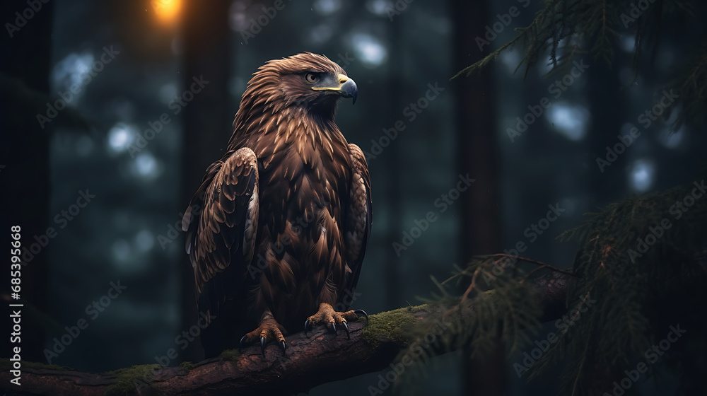 Fototapeta premium a royal eagle sitting on a branch in the forest during the night