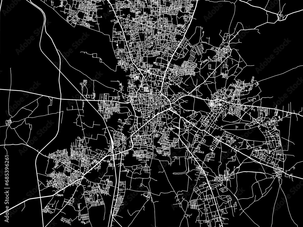 Vector road map of the city of Ahmadnagar in the Republic of India with white roads on a black background.