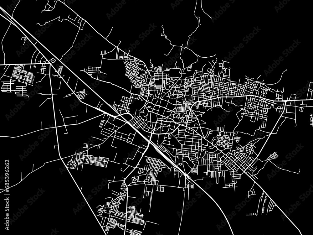 Vector road map of the city of Adoni in the Republic of India with white roads on a black background.