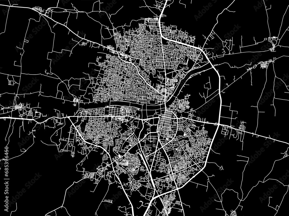 Vector road map of the city of Dhulia in the Republic of India with white roads on a black background.