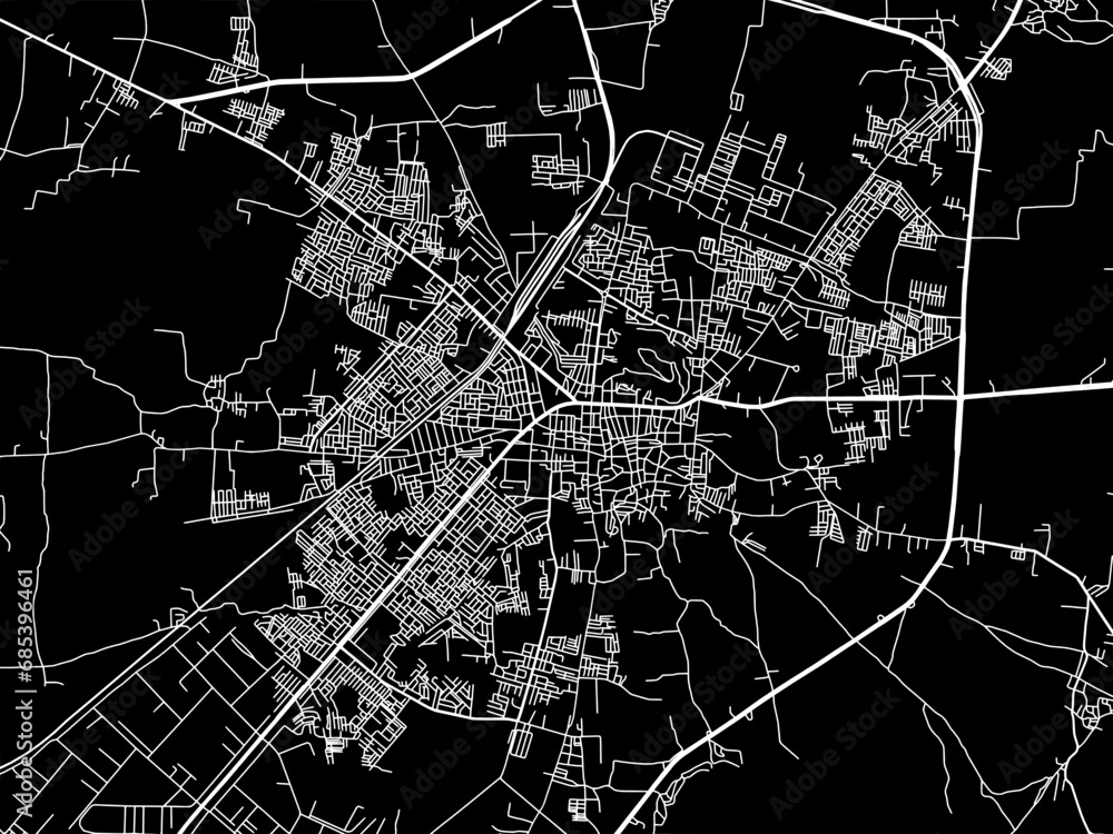 Vector road map of the city of Dewas in the Republic of India with white roads on a black background.