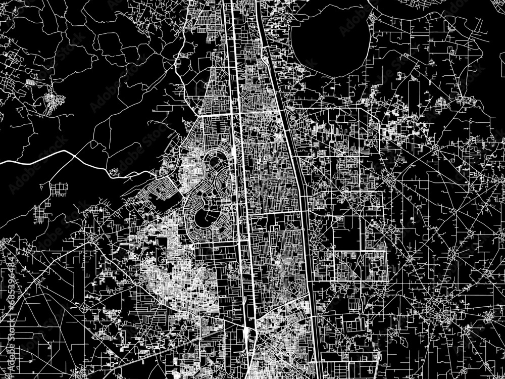 Vector road map of the city of Faridabad in the Republic of India with white roads on a black background.
