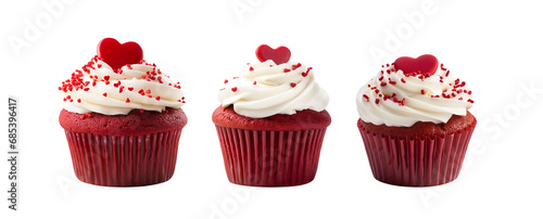 Heart-Adorned Red Velvet Cupcake Muffin Set for Valentine’s Day: Artwork Design Mockup Template, Isolated on Transparent Background, PNG