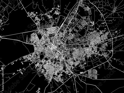 Vector road map of the city of Bikaner in the Republic of India with white roads on a black background.