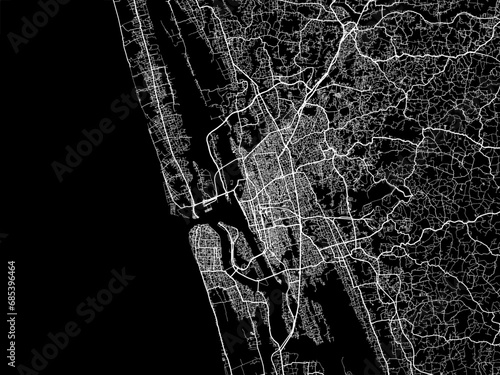 Vector road map of the city of Cochin in the Republic of India with white roads on a black background.
