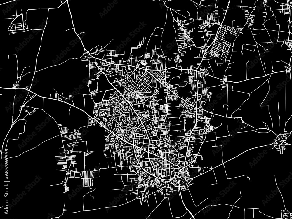 Vector road map of the city of Ichalkaranji in the Republic of India with white roads on a black background.