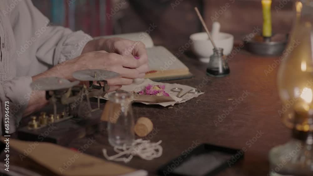 apothecary placing herbs on a scale and writing in a notebook apothecary placing herbs on a scale and writing in a notebook