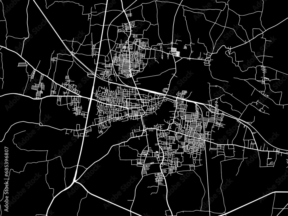 Vector road map of the city of Karur in the Republic of India with white roads on a black background.