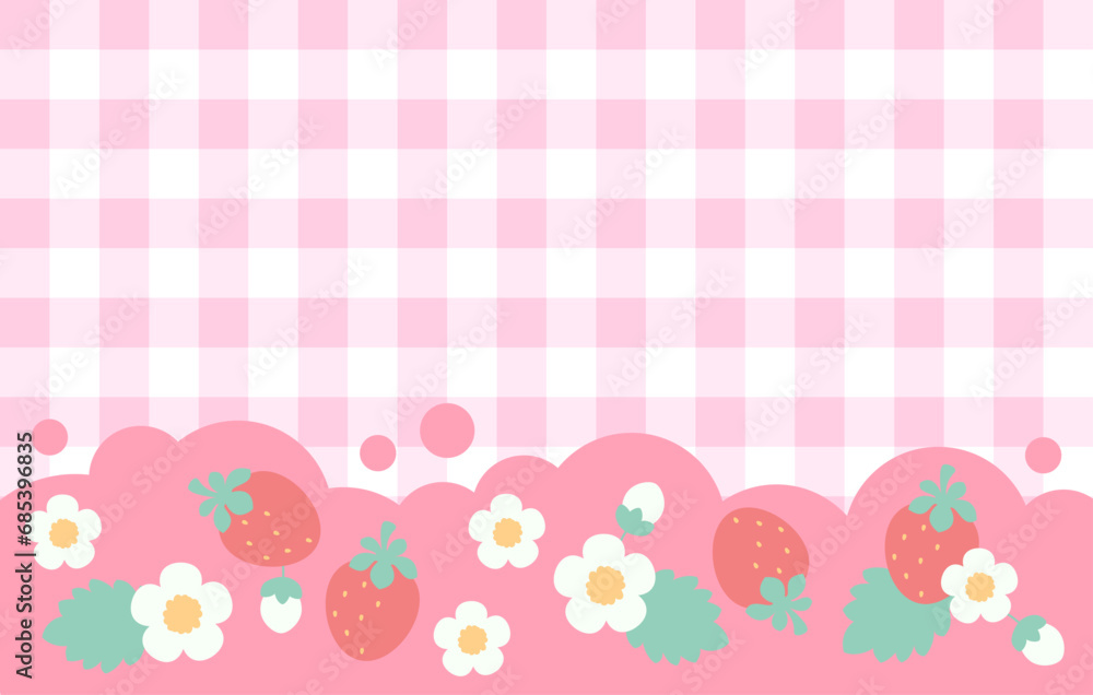 Background with strawberries. Strawberry love. Background with berry, flower, leaf. Cute tasty design