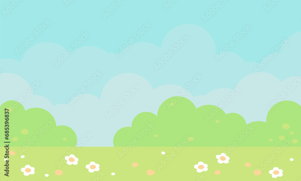 Flowers, green grass, sky. Positive background for children. Cute design with summer vibe Flowers, green grass, sky. Positive background for children. Cute design with summer vibe
