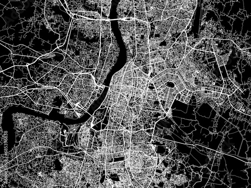 Vector road map of the city of Kolkata in the Republic of India with white roads on a black background.