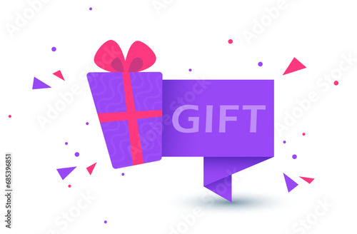 Gift box. Sale and promotion design element with free prize. Modern banner with surprise gift. Web template for promotion. Bonus icon, Promo banner with Surprise gift box