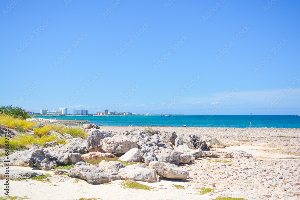 Aruba seascape. Beautiful Caribbean summer scene. Space for text. 