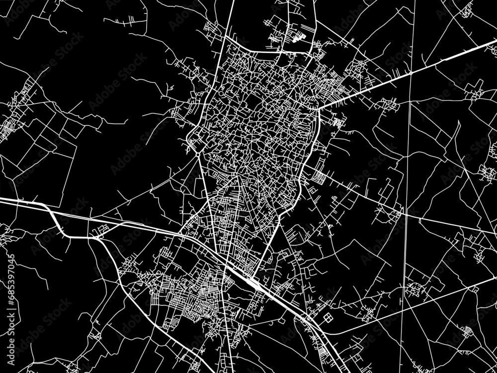 Vector road map of the city of Rampur in the Republic of India with white roads on a black background.