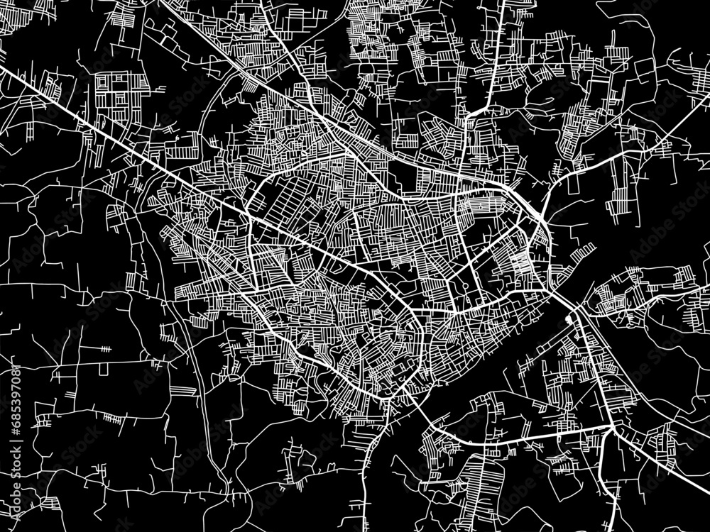 Vector road map of the city of Shimoga in the Republic of India with white roads on a black background.