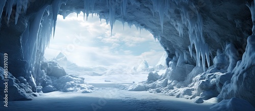 Winter landscape featuring a frozen ice cave in nature. photo