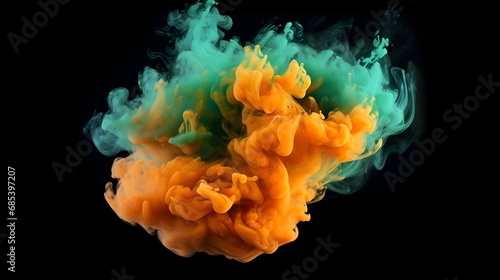 Lush Green and Vibrant Orange Clouds: Bold Contrast on Dark Canvas - Colorful Smoke Display