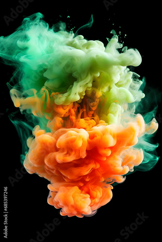 Lush Green and Vibrant Red Clouds: Bold Contrast on Dark Canvas - Colorful Smoke Display