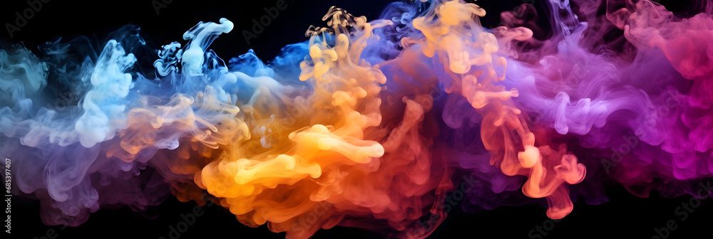 Vibrant Purple, Orange, Red, and Violet: Dynamic Smoke Dance on Black, multi-color smoke dust explosion on dark backdrop