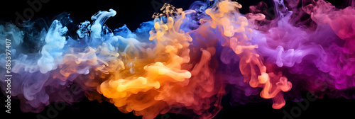 Vibrant Purple, Orange, Red, and Violet: Dynamic Smoke Dance on Black, multi-color smoke dust explosion on dark backdrop © Marc