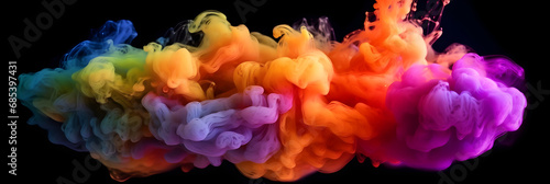 Vibrant Purple, Orange, Red, and Violet: Dynamic Smoke Dance on Black, multi-color smoke dust explosion on dark backdrop