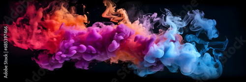 Vibrant Purple, Orange, Red, and Violet: Dynamic Smoke Dance on Black, multi-color smoke dust explosion on dark backdrop