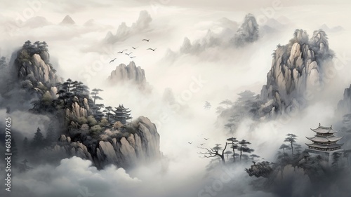 Chinese ink painting style temple AI Generated pictures © Biplob