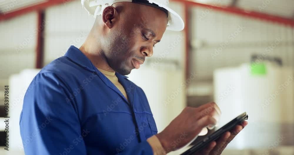 Black man, tablet and technician at warehouse for research, maintenance or inspection on site. African male person, contractor or engineer working on technology in online search or monitoring factory Black man, tablet and technician at warehouse for research, maintenance or inspection on site. African male person, contractor or engineer working on technology in online search or monitoring factory