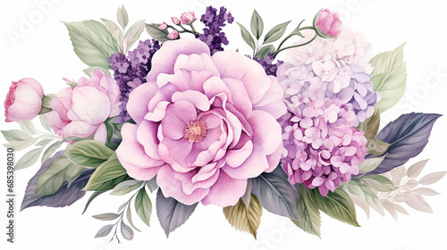 Pink hydrangea rose white peony iris orchid and sage leaves © Lalaland