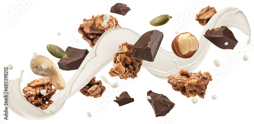 Falling granola with milk splash, nuts and chocolate pieces isolated