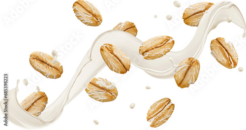 Photos Falling oat flakes, oatmeal with milk splash isolated on white background