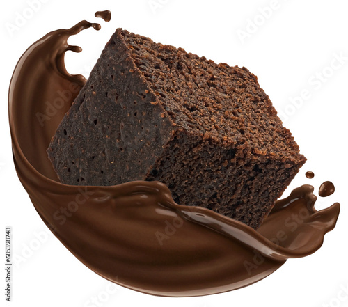 Brownie piece with chocolate splash isolated on white background
