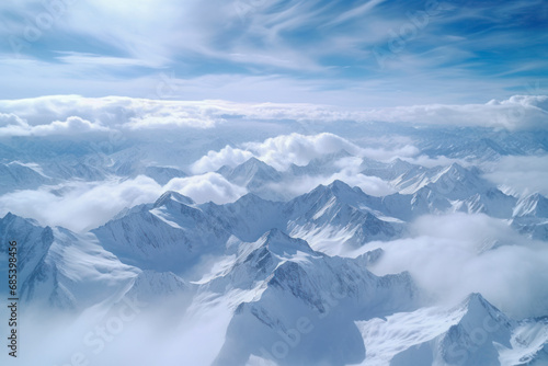 A snowy mountain range seen from a bird's eye view, showcasing the pristine beauty of snow-covered peaks and valleys.