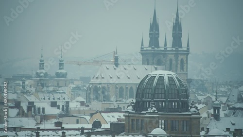 landscape in winter in Prague, Czech Republic with church of our lady before tyn. photo