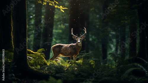 a deer in the forest during the night  cinematic light
