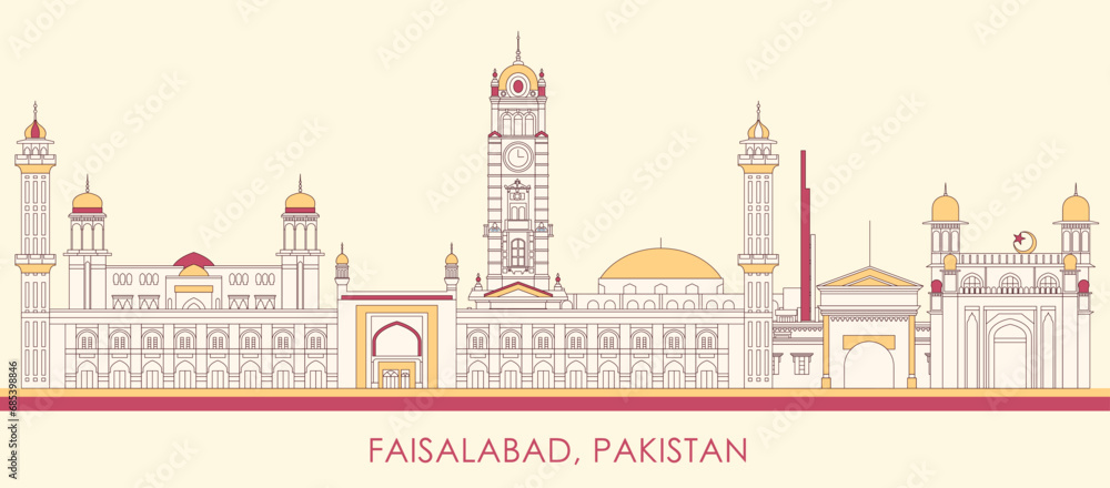 Cartoon Skyline panorama of city of Faisalabad, Pakistan - vector illustration