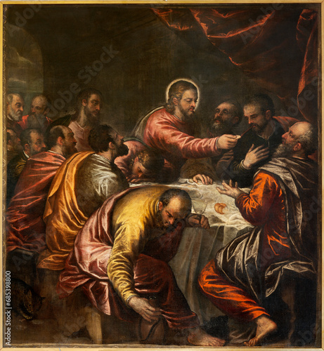 Vászonkép VICENZA, ITALY - NOVEMBER 5, 2023: The painting  of Last Supper in the Cathedral by Alessandro Maganza (1587-1589)