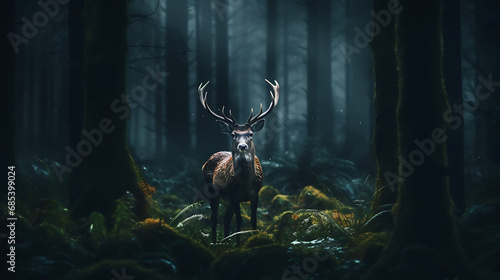 a deer in the forest during the night, cinematic light photo