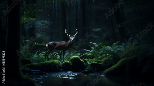 a deer in the forest during the night, cinematic light